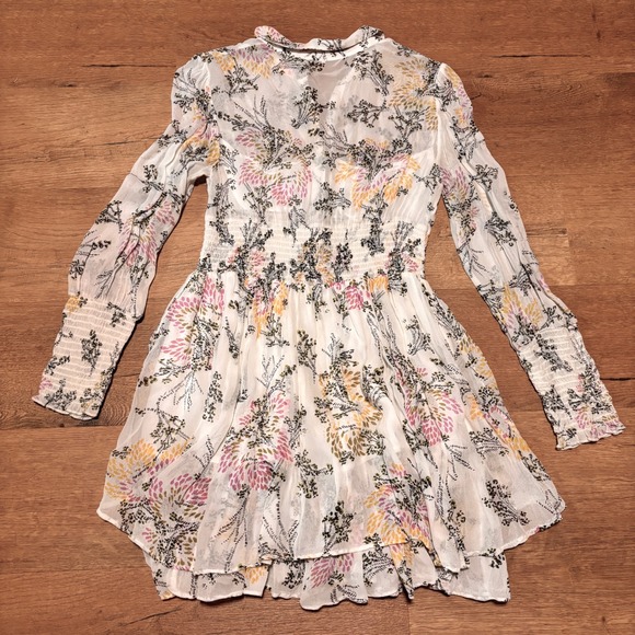 Free People Cottage Core Boho Floral Sheer Dress Long Sleeve Smock Flowy Collar - Picture 5 of 5